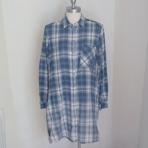 Zara Blue Ombre Plaid Studded Flannel Snap Button Mini Shirt Dress Sz L Grunge